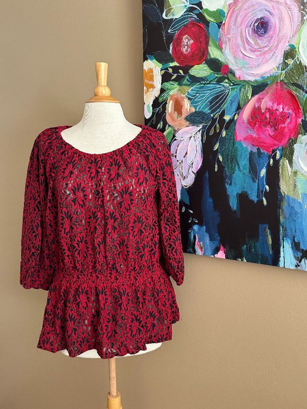 Avenue Red Black Lace Peplum Top 14/16 Boho Romantic Blouse Anthro Style